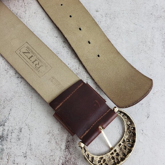 Vintage The RITZ Wide Leather Belt Brown Engraved Buckle Boho Western Whimsigoth - Picture 5 of 8